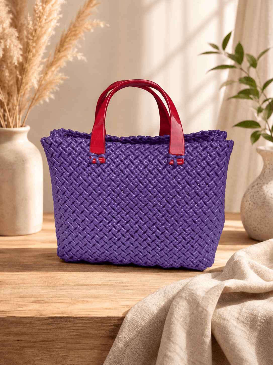 Deluxe Premium Handmade Wire Woven Bags | Traditional Plastic Wire Handbags | Reusable Shopping & Gift Bags | KMC Iyarkai Creation |Purple_handle_sivan 1