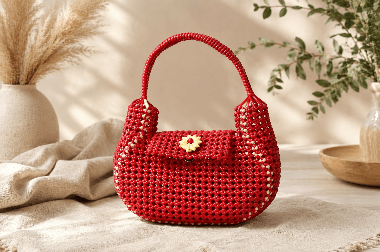 Deluxe Premium Handmade Wire Woven Bags | Traditional Plastic Wire Handbags | Reusable Shopping & Gift Bags | KMC Iyarkai Creation |Red hand bag 1