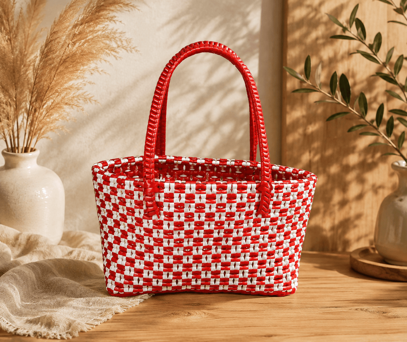 Deluxe Premium Handmade Wire Woven Bags | Traditional Plastic Wire Handbags | Reusable Shopping & Gift Bags | KMC Iyarkai Creation |Red white_SivanKan