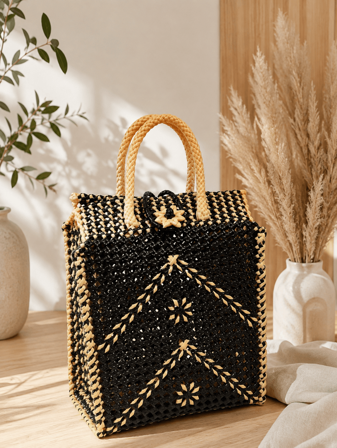 Deluxe Premium Handmade Wire Woven Bags | Traditional Plastic Wire Handbags | Reusable Shopping & Gift Bags | KMC Iyarkai Creation |sandal black_jute