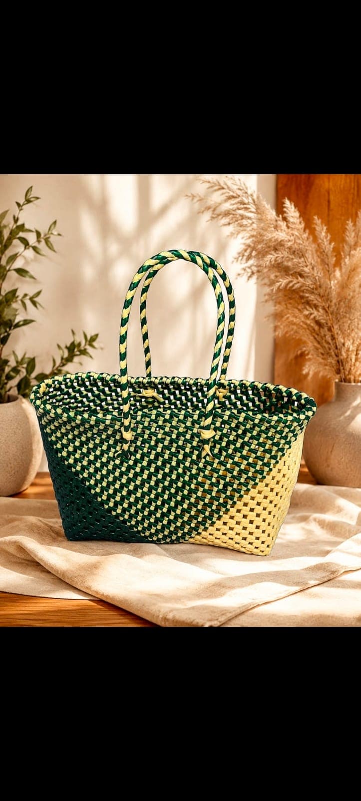 Deluxe Premium Handmade Wire Woven Bags | Traditional Plastic Wire Handbags | Reusable Shopping & Gift Bags | KMC Iyarkai Creation |Sandal green 1