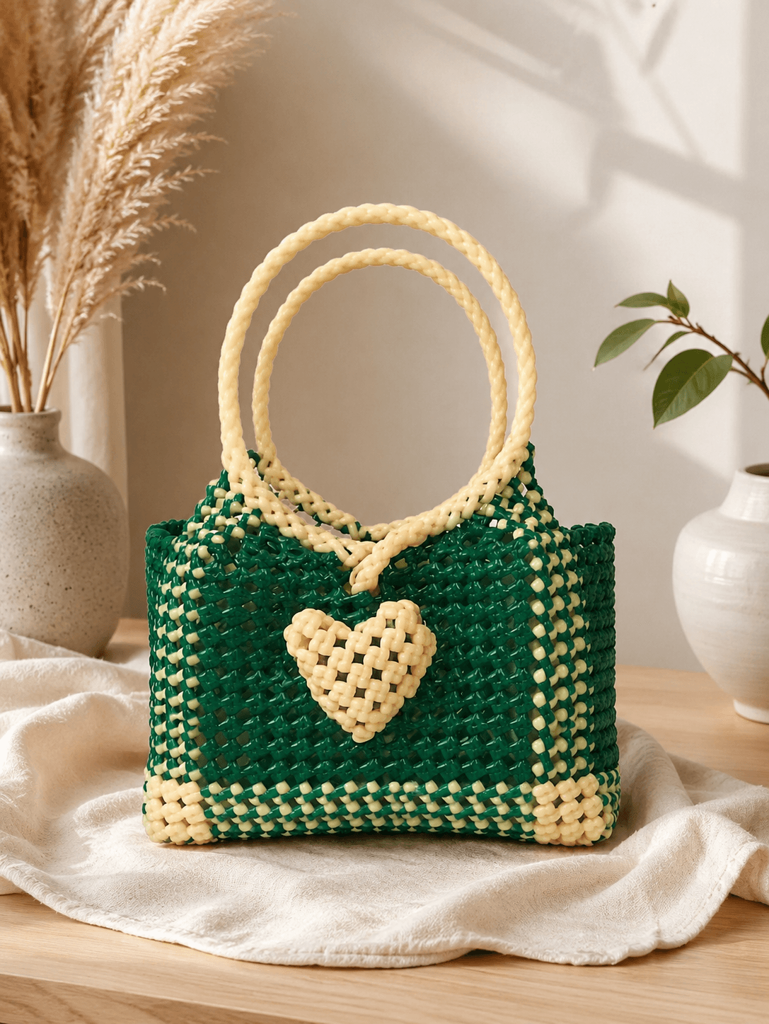 Deluxe Premium Handmade Wire Woven Bags | Traditional Plastic Wire Handbags | Reusable Shopping & Gift Bags | KMC Iyarkai Creation |Sandal green heart bag