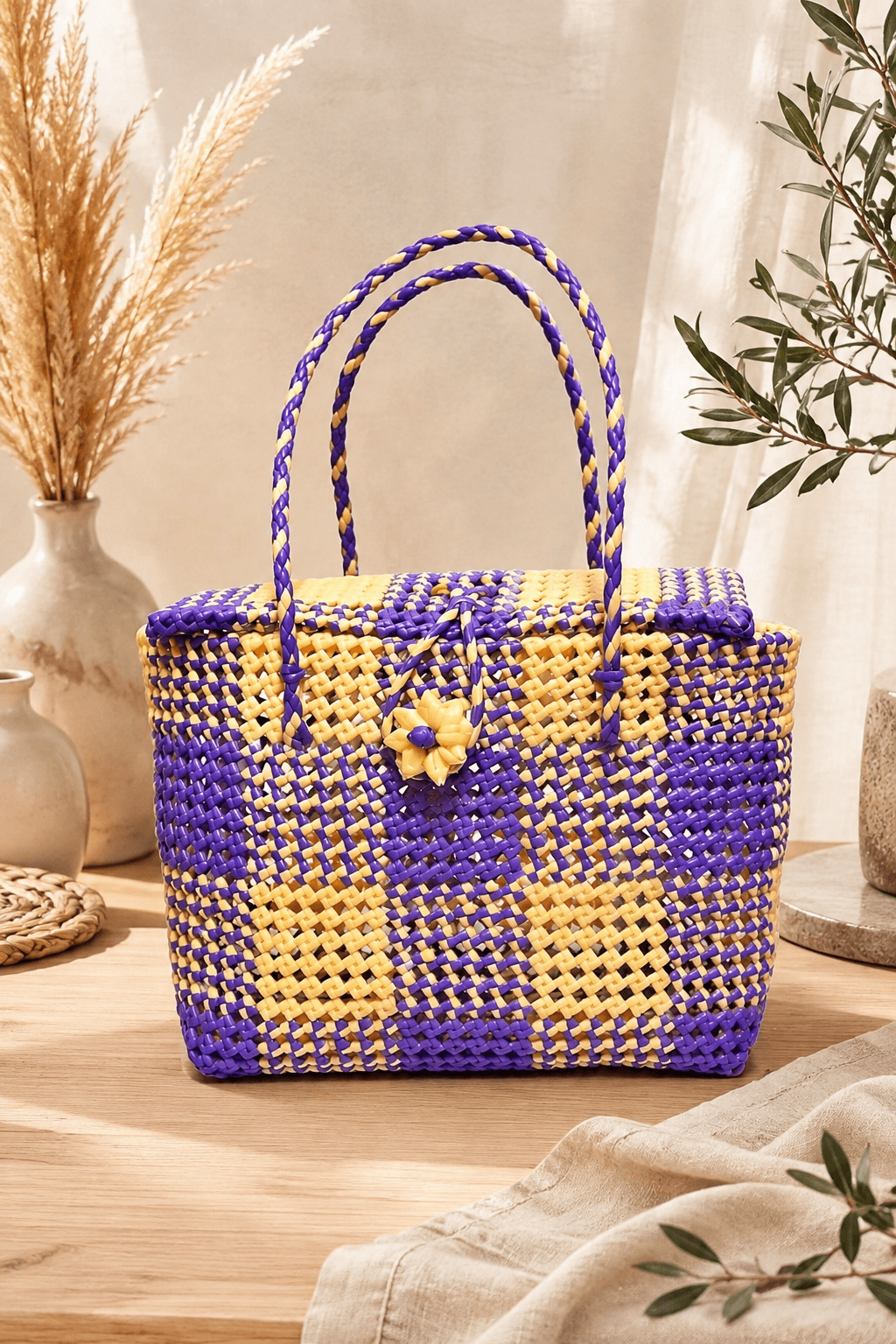 Deluxe Premium Handmade Wire Woven Bags | Traditional Plastic Wire Handbags | Reusable Shopping & Gift Bags | KMC Iyarkai Creation |Sandal purple_lid