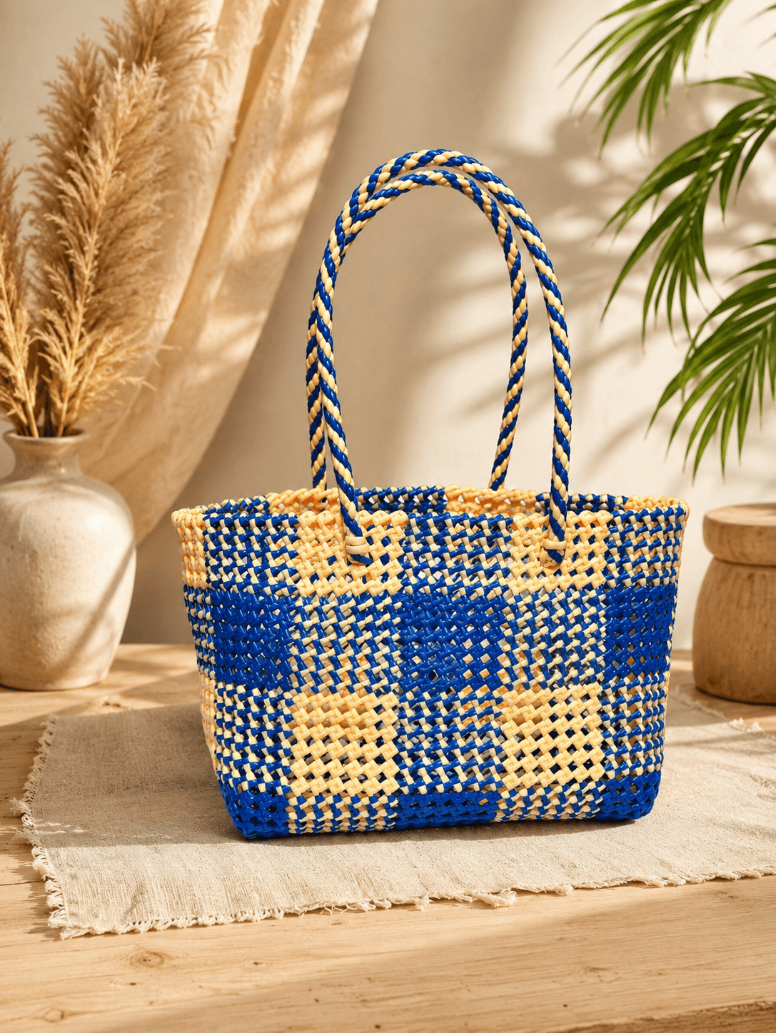 Deluxe Premium Handmade Wire Woven Bags | Traditional Plastic Wire Handbags | Reusable Shopping & Gift Bags | KMC Iyarkai Creation |Sandal Blue_Normal