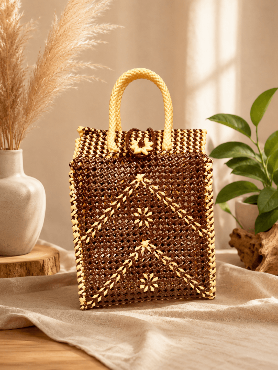 Deluxe Premium Handmade Wire Woven Bags | Traditional Plastic Wire Handbags | Reusable Shopping & Gift Bags | KMC Iyarkai Creation |Sandal Brown_Jute 1