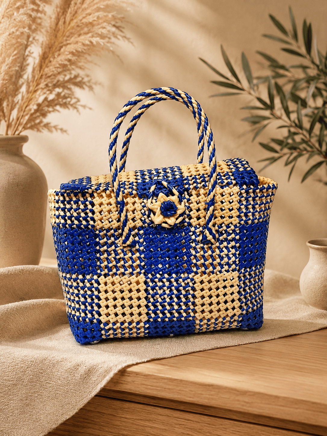 Deluxe Premium Handmade Wire Woven Bags | Traditional Plastic Wire Handbags | Reusable Shopping & Gift Bags | KMC Iyarkai Creation |sandalblue_lid