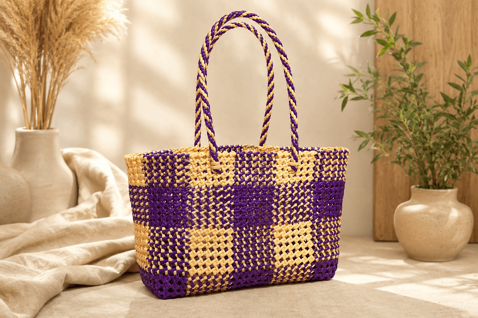Deluxe Premium Handmade Wire Woven Bags | Traditional Plastic Wire Handbags | Reusable Shopping & Gift Bags | KMC Iyarkai Creation |Sandal purple_Normal