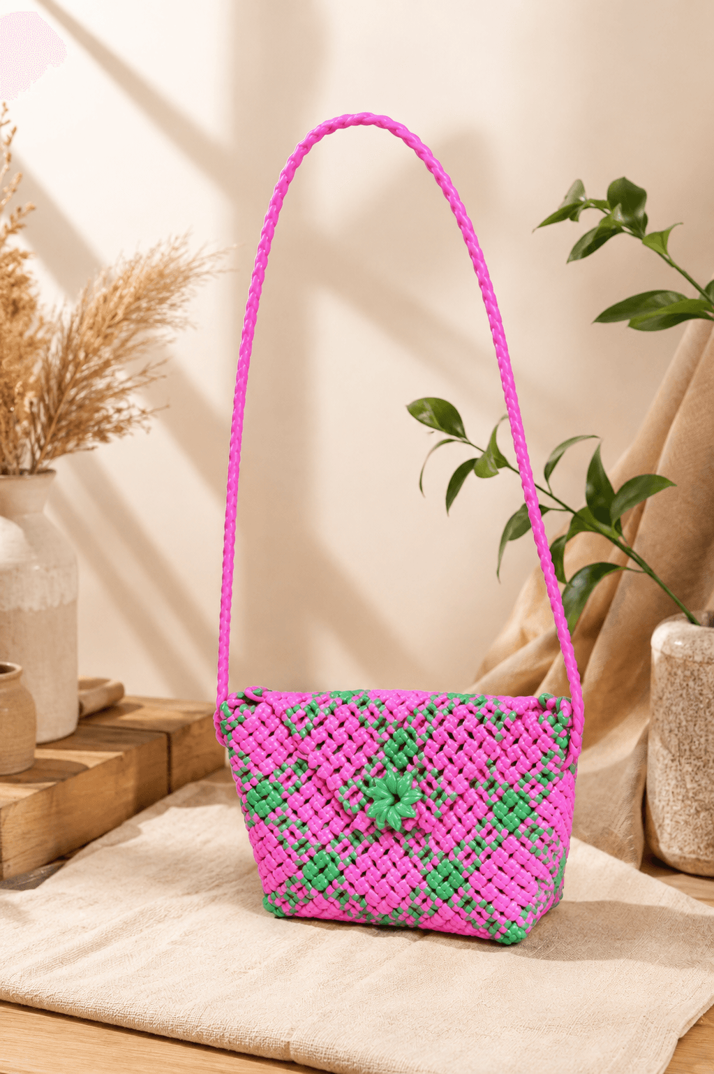 Deluxe Premium Handmade Wire Woven Bags | Traditional Plastic Wire Handbags | Reusable Shopping & Gift Bags | KMC Iyarkai Creation |Sling bag  Pink with Green