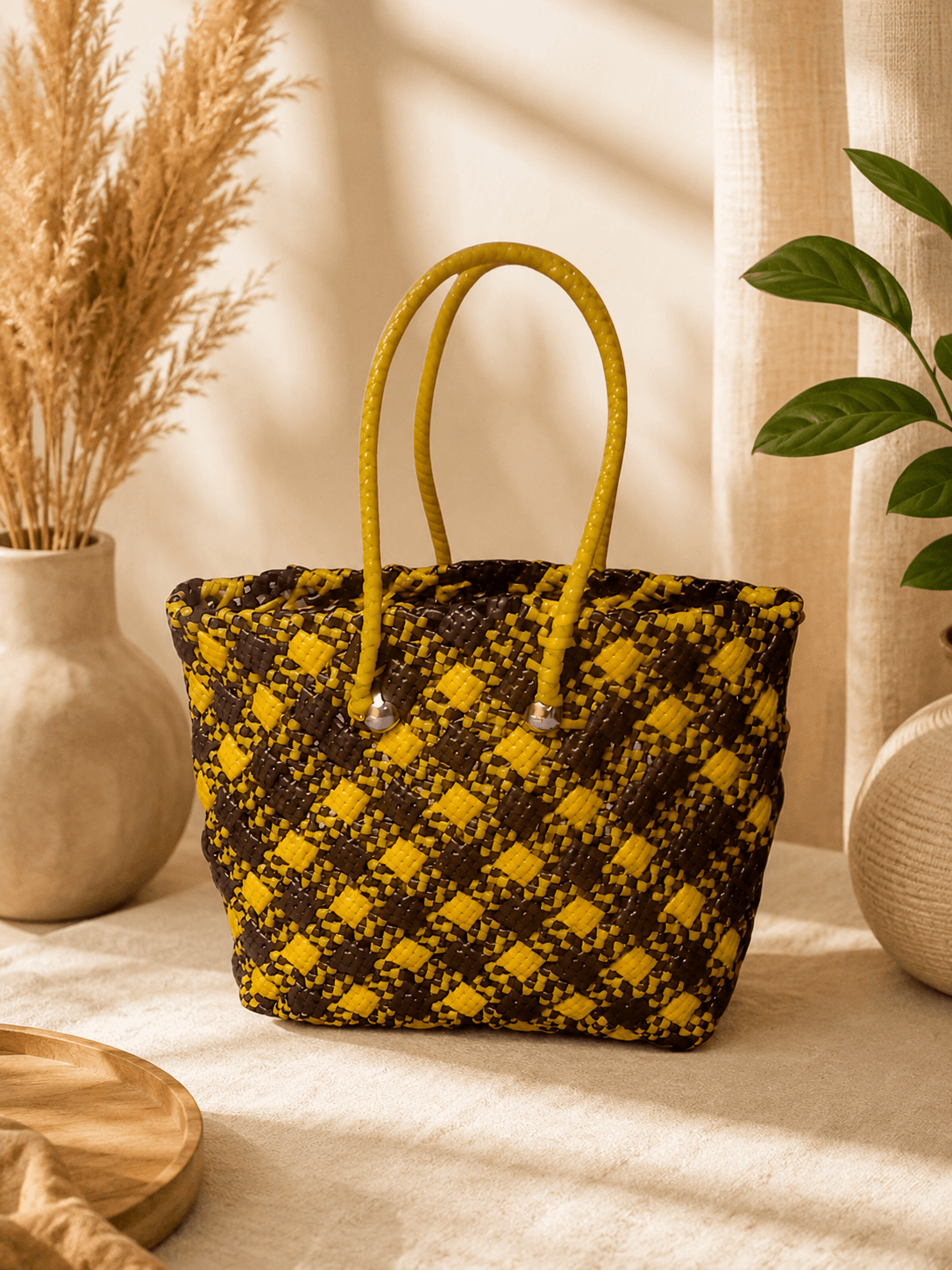 Deluxe Premium Handmade Wire Woven Bags | Traditional Plastic Wire Handbags | Reusable Shopping & Gift Bags | KMC Iyarkai Creation |Yellow brown biscuit