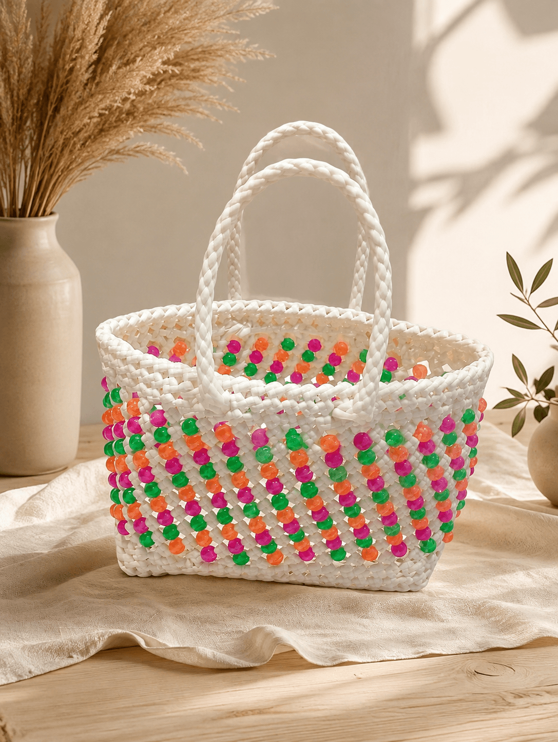 Deluxe Premium Handmade Wire Woven Bags | Traditional Plastic Wire Handbags | Reusable Shopping & Gift Bags | KMC Iyarkai Creation |White with multicolour beeds 1