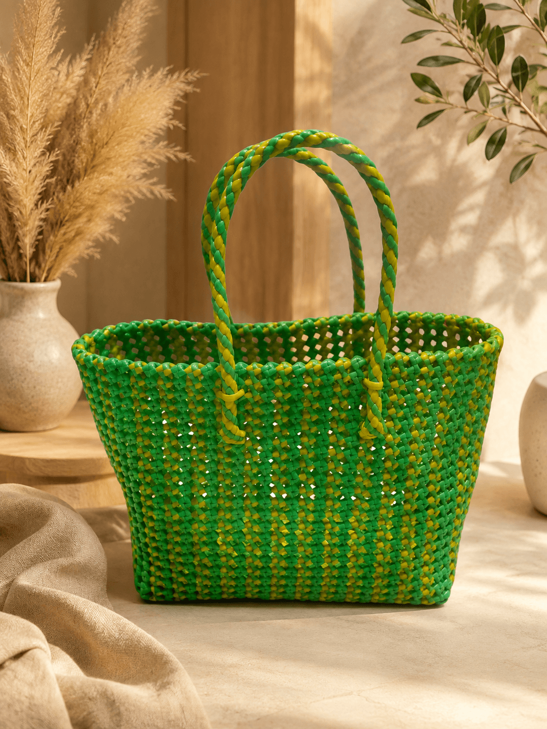 Deluxe Premium Handmade Wire Woven Bags | Traditional Plastic Wire Handbags | Reusable Shopping & Gift Bags | KMC Iyarkai Creation |Light green yellow Normal 1