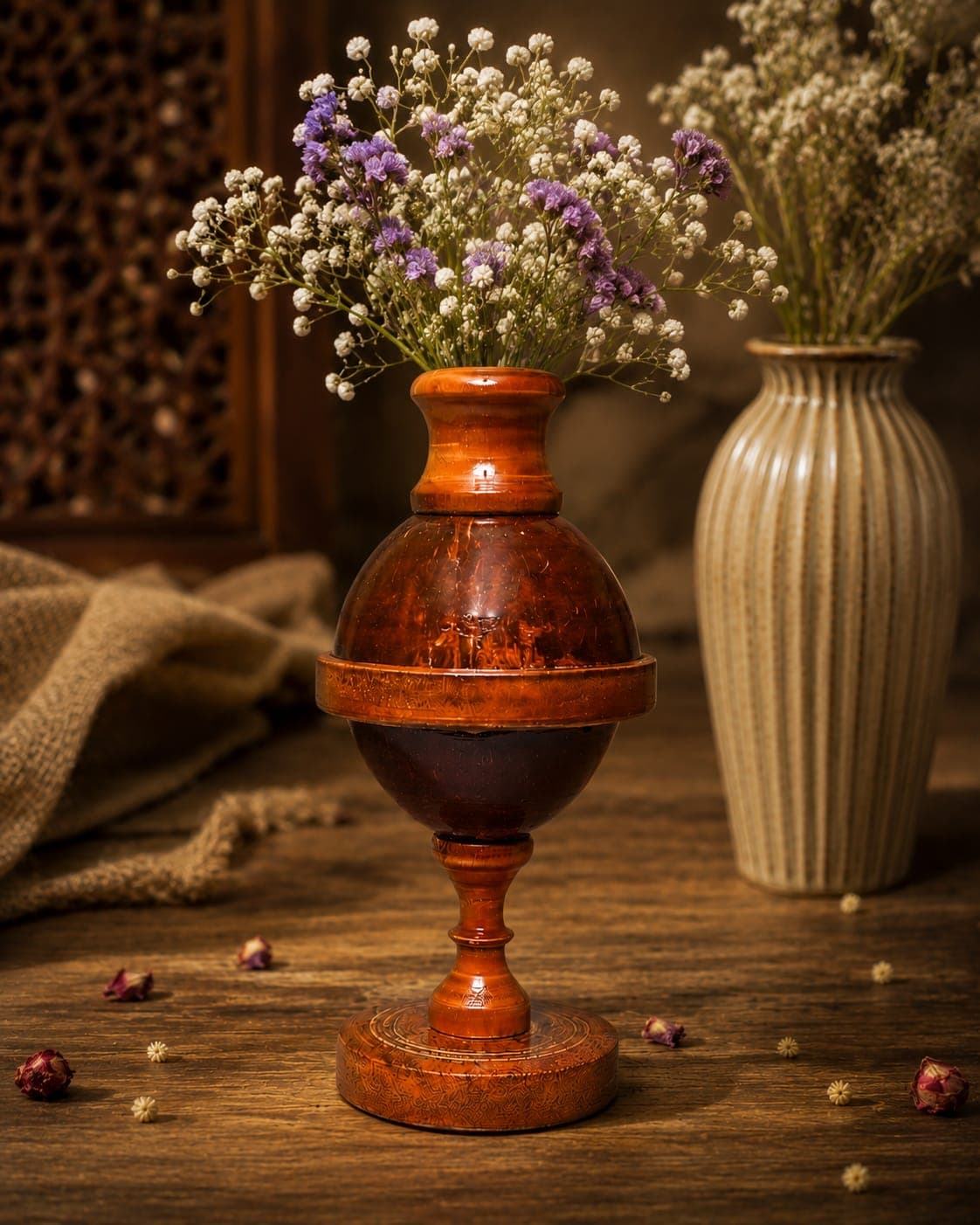 Handmade Wooden Flower Vase | Traditional Artisan Wooden Flower Pot | Decorative Wooden Table Vase for Home, Office & Living Room Décor