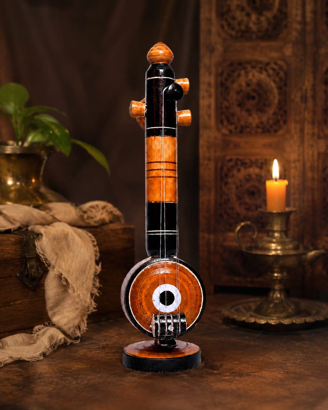 Handmade Wooden Veena Showpiece | Traditional Indian Wooden Veenai Decorative Musical Instrument | Artisan Handcrafted Home Décor & Gift Item| Small size