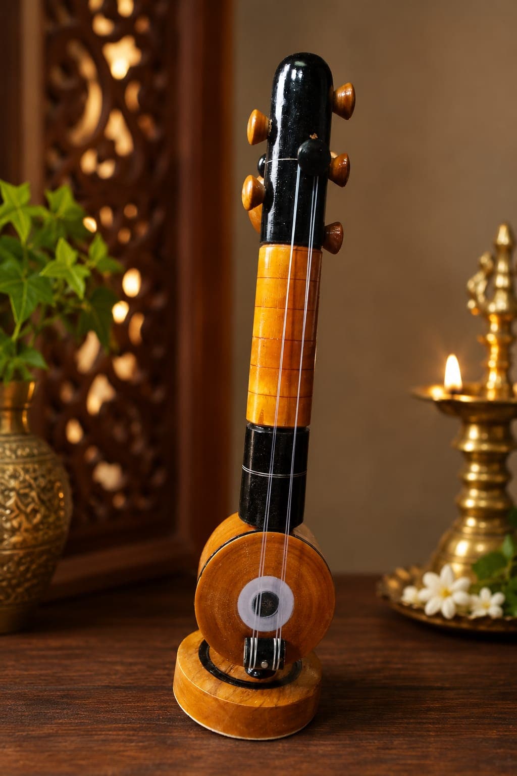 Handmade Wooden Veena Showpiece | Traditional Indian Wooden Veenai Decorative Musical Instrument | Artisan Handcrafted Home Décor & Gift Item|Veenai medium