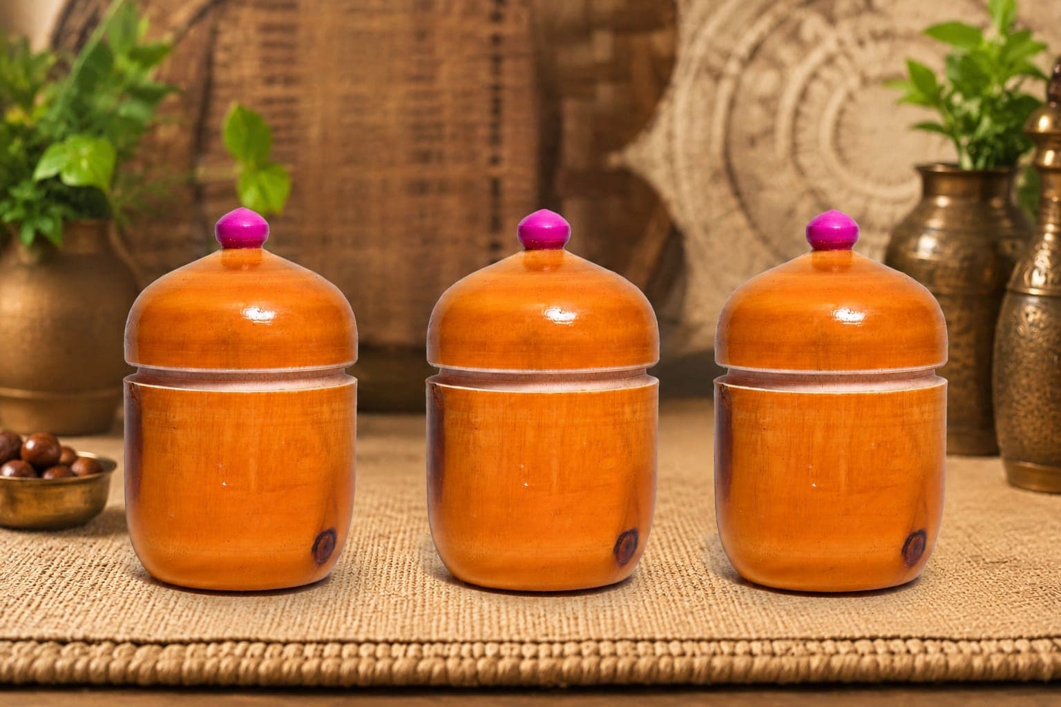 Handmade Wooden Kummam Chimil Storage Container (Pack of 3) | Traditional Wooden Spice & Dry Storage Jars with Lid | Artisan Handcrafted Kitchen & Home Organizer