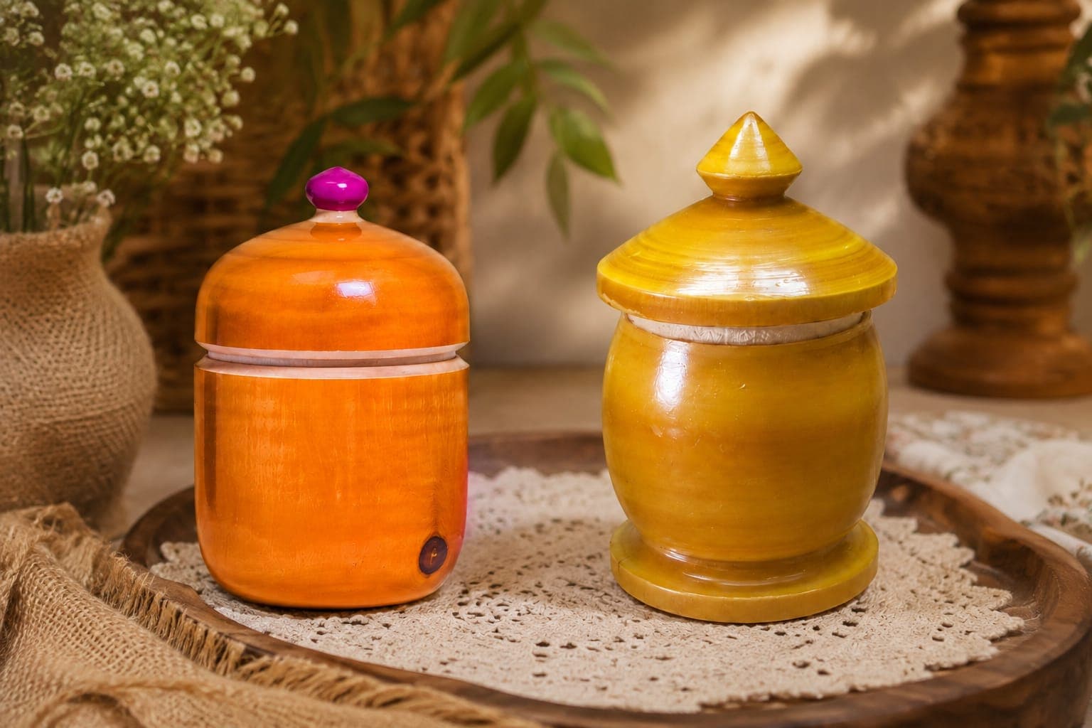 Handmade Wooden Kummam Chimil Storage Container (Pack of 3) | Traditional Wooden Spice & Dry Storage Jars with Lid | Artisan Handcrafted Kitchen & Home Organizer