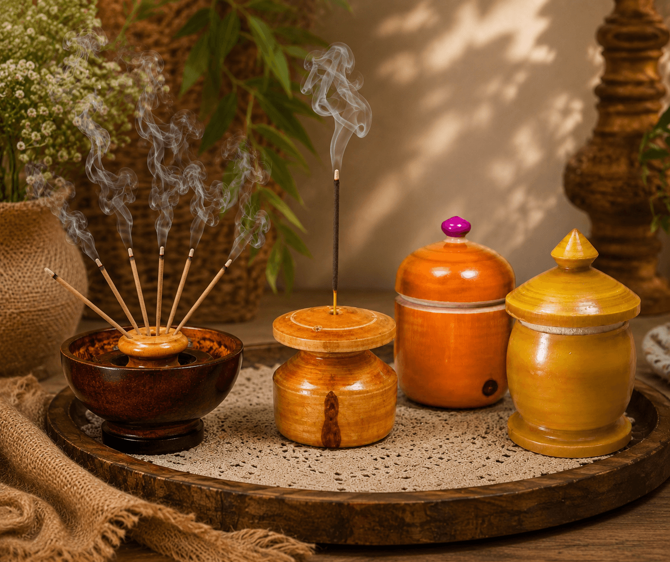 Handcrafted Wooden Incense Stick Holder Bowl | Traditional Agarbatti Stand | Smoke-Free Ash Catcher | kukummam chimil|Elegant Home, Temple & Meditation Decor pack of 4