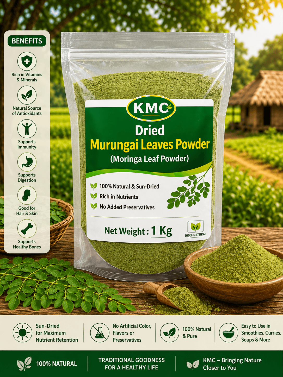 KMC Dried Murungai Leaves Powder (Moringa Leaf Powder) – 100% Natural & Sun-Dried | Nutrient-Rich | 1 Kg Pack