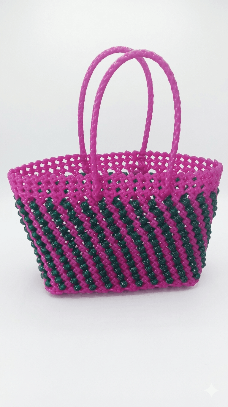 Deluxe Premium Handmade Wire Woven Bags | Traditional Plastic Wire Handbags | Reusable Shopping & Gift Bags | KMC Iyarkai Creation |Pink Green beads 2