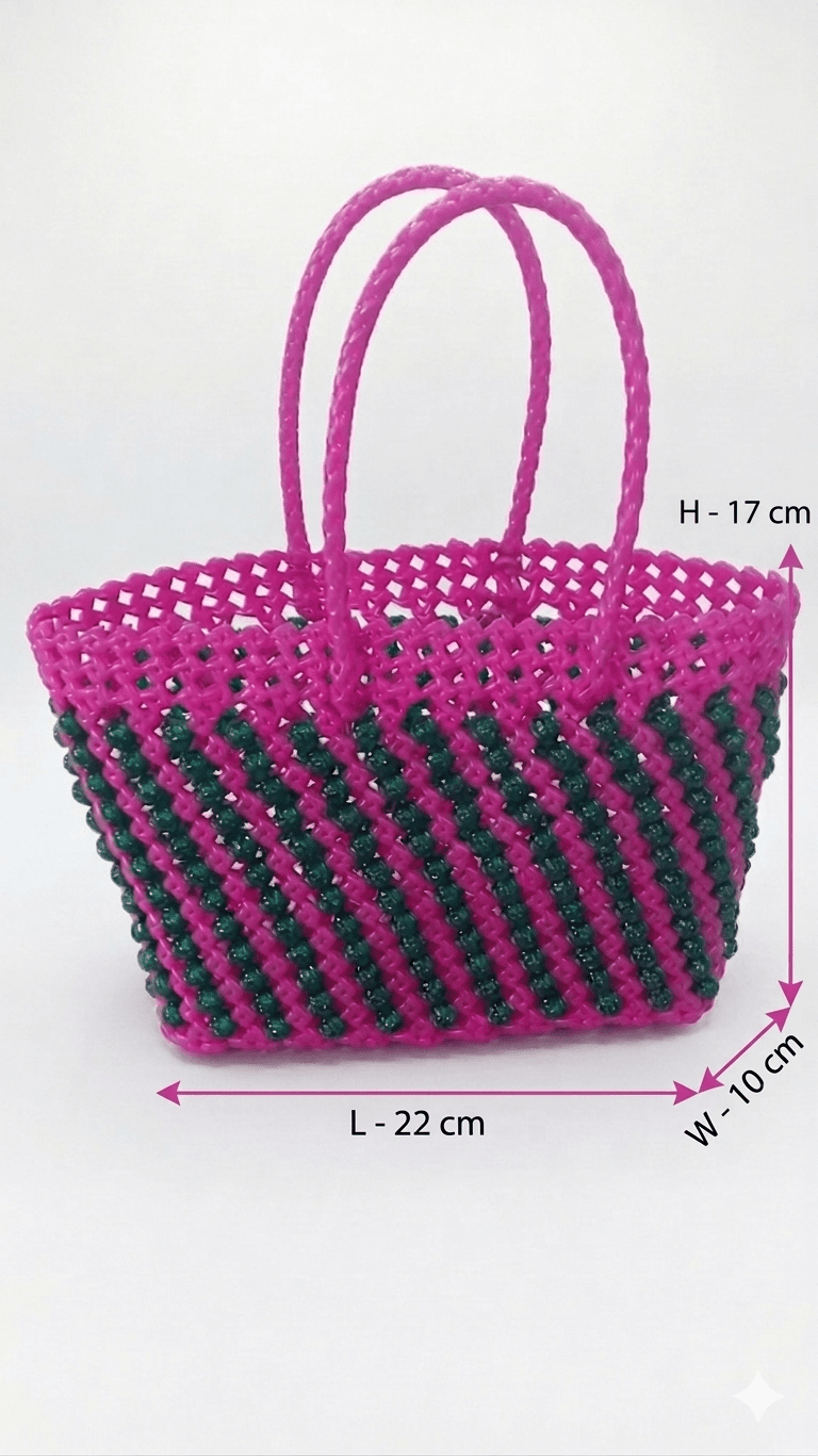 Deluxe Premium Handmade Wire Woven Bags | Traditional Plastic Wire Handbags | Reusable Shopping & Gift Bags | KMC Iyarkai Creation |Pink Green beads 3