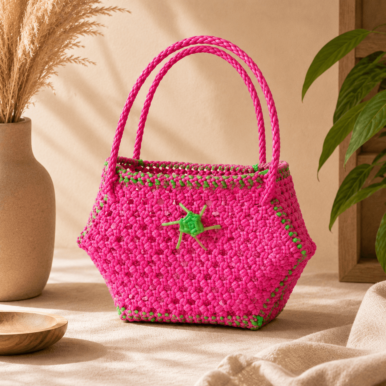 Deluxe Premium Handmade Wire Woven Bags | Traditional Plastic Wire Handbags | Reusable Shopping & Gift Bags | KMC Iyarkai Creation |Pink hexagon