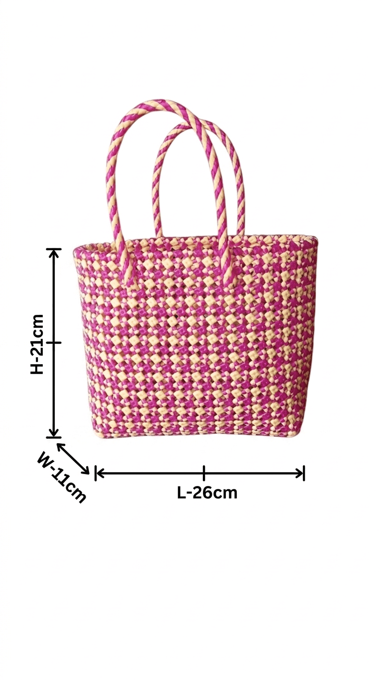 Deluxe Premium Handmade Wire Woven Bags | Traditional Plastic Wire Handbags | Reusable Shopping & Gift Bags | KMC Iyarkai Creation |Pink sandal checked _Normal 3