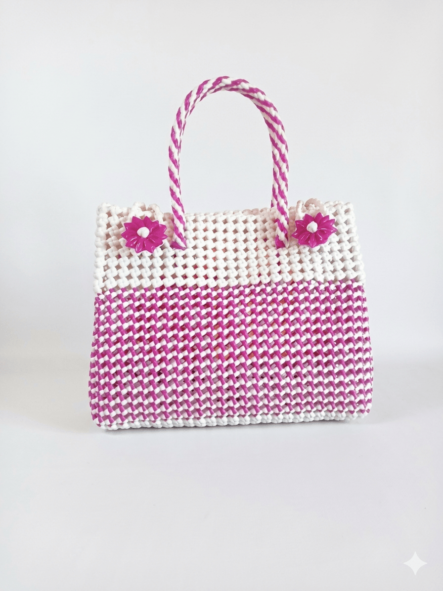 Deluxe Premium Handmade Wire Woven Bags | Traditional Plastic Wire Handbags | Reusable Shopping & Gift Bags | KMC Iyarkai Creation |Pink white  side closed type 2