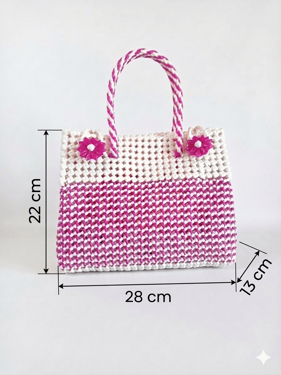 Deluxe Premium Handmade Wire Woven Bags | Traditional Plastic Wire Handbags | Reusable Shopping & Gift Bags | KMC Iyarkai Creation |Pink white  side closed type 3