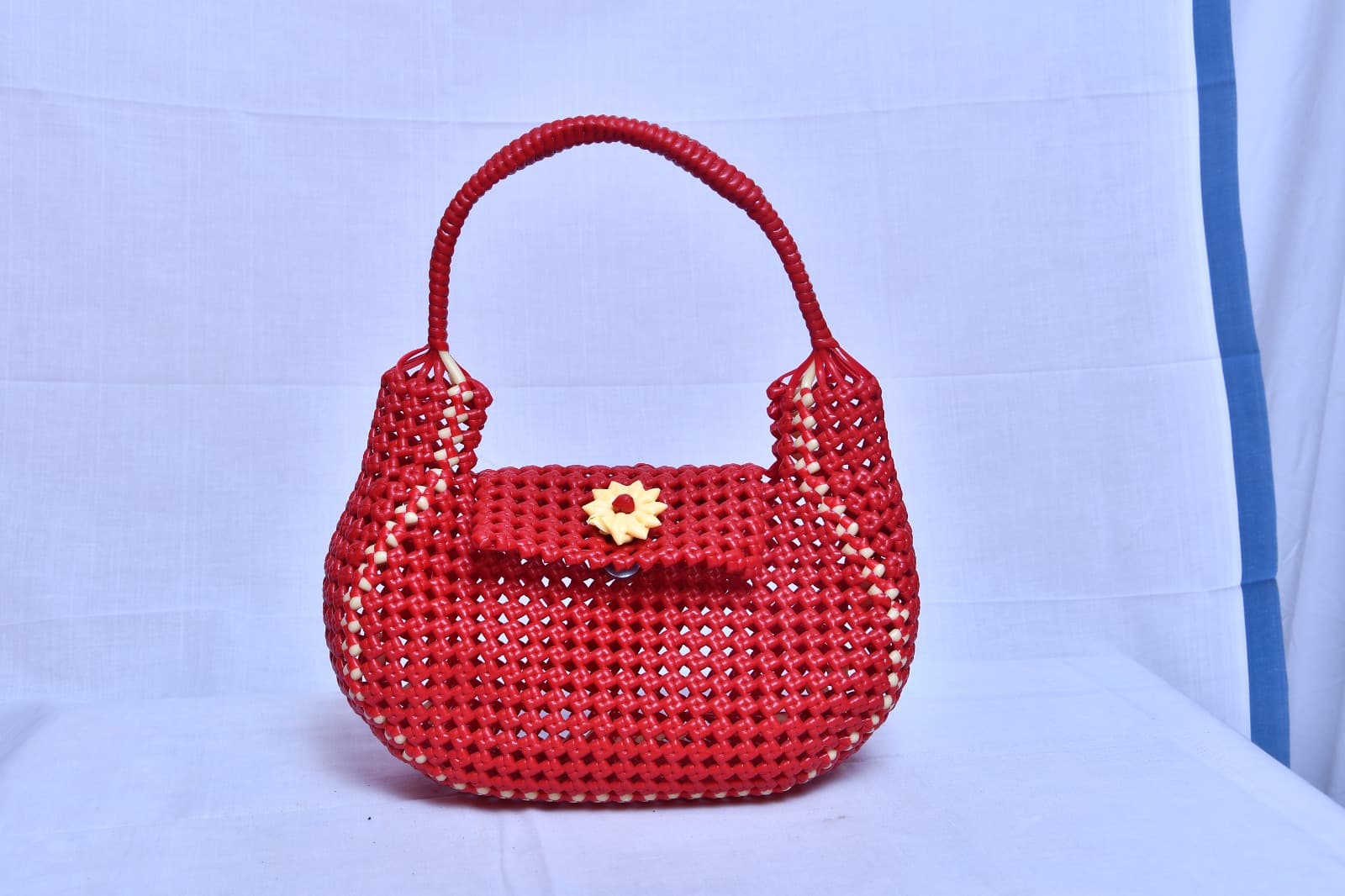Deluxe Premium Handmade Wire Woven Bags | Traditional Plastic Wire Handbags | Reusable Shopping & Gift Bags | KMC Iyarkai Creation |Red hand bag 2