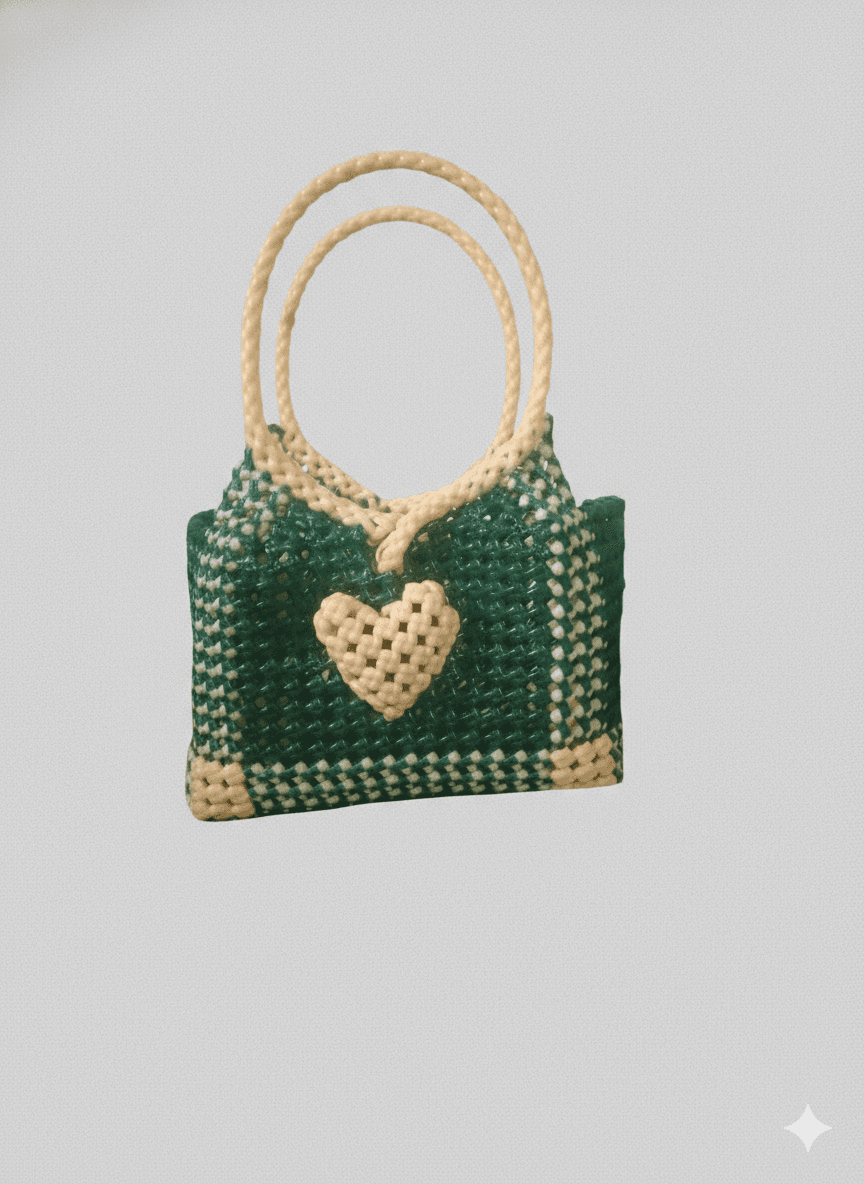 Deluxe Premium Handmade Wire Woven Bags | Traditional Plastic Wire Handbags | Reusable Shopping & Gift Bags | KMC Iyarkai Creation |Sandal green heart bag 2
