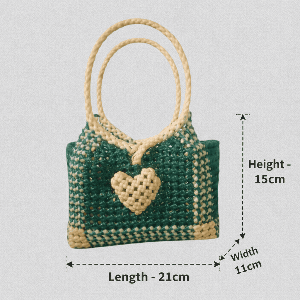 Deluxe Premium Handmade Wire Woven Bags | Traditional Plastic Wire Handbags | Reusable Shopping & Gift Bags | KMC Iyarkai Creation |Sandal green heart bag 3