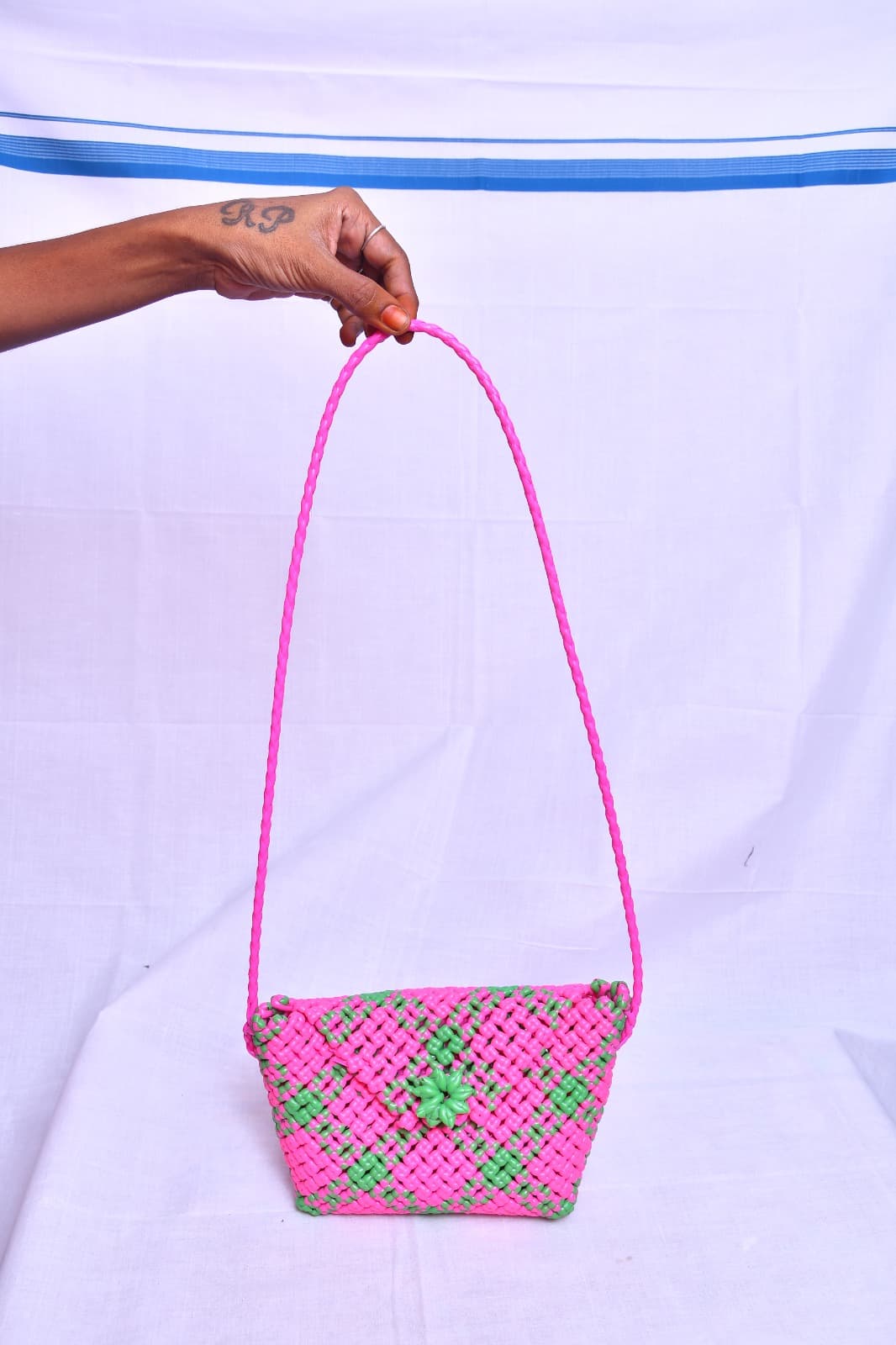Deluxe Premium Handmade Wire Woven Bags | Traditional Plastic Wire Handbags | Reusable Shopping & Gift Bags | KMC Iyarkai Creation |Sling bag  Pink with Green 2