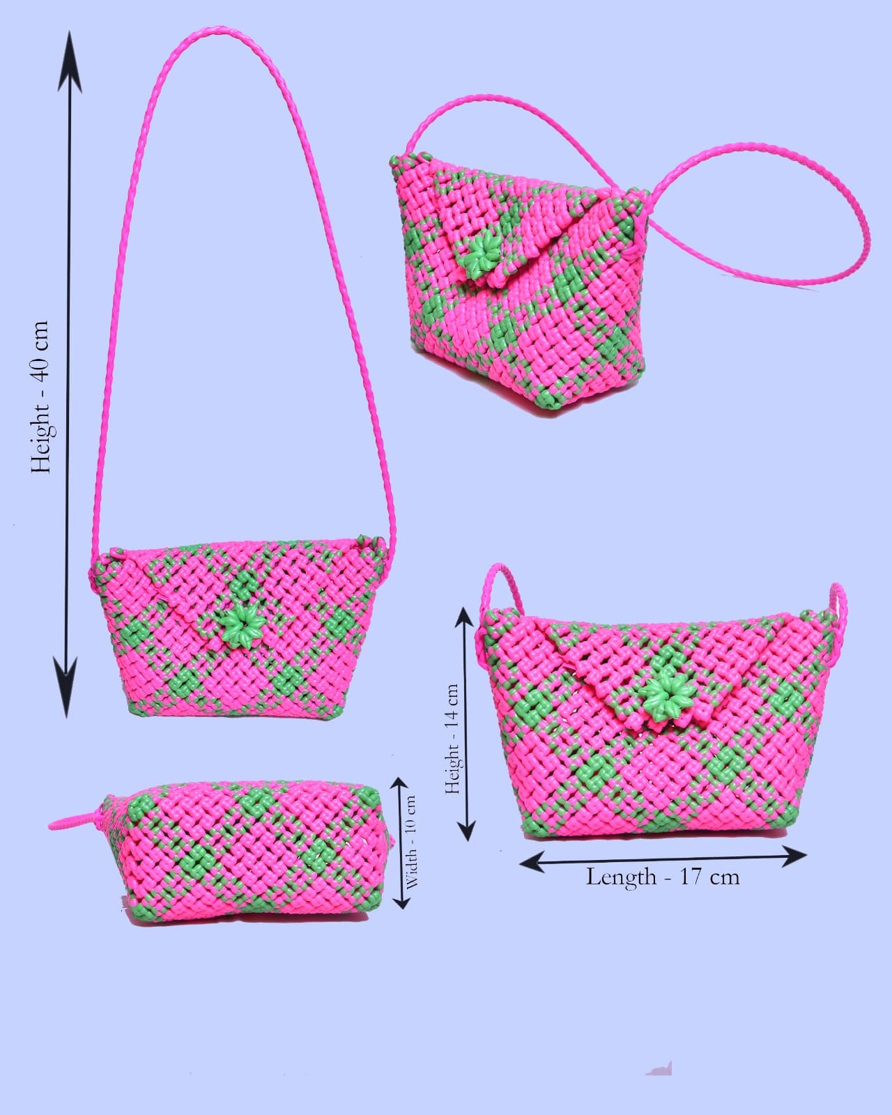 Deluxe Premium Handmade Wire Woven Bags | Traditional Plastic Wire Handbags | Reusable Shopping & Gift Bags | KMC Iyarkai Creation |Sling bag  Pink with Green 3