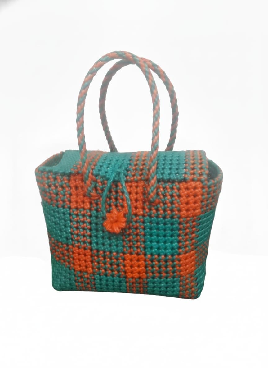 Deluxe Premium Handmade Wire Woven Bags | Traditional Plastic Wire Handbags | Reusable Shopping & Gift Bags | KMC Iyarkai Creation |Light Green orange_lid 2