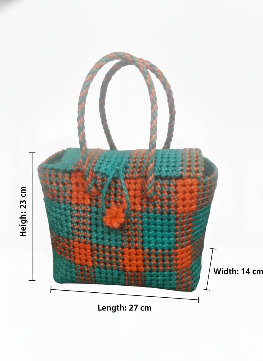 Deluxe Premium Handmade Wire Woven Bags | Traditional Plastic Wire Handbags | Reusable Shopping & Gift Bags | KMC Iyarkai Creation |Light Green orange_lid 3