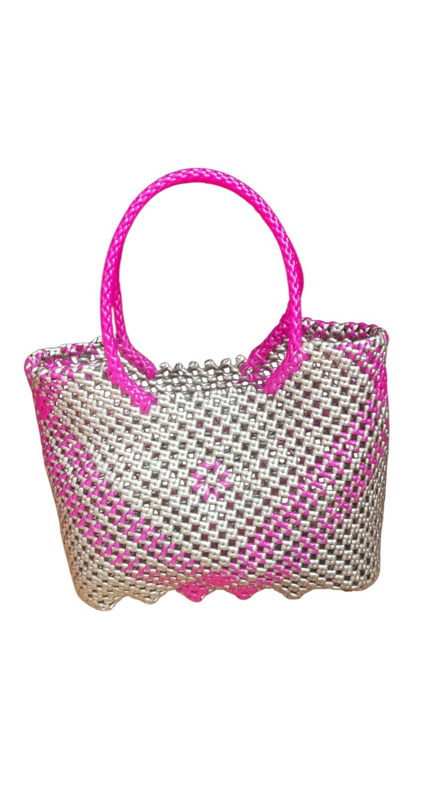 Deluxe Premium Handmade Wire Woven Bags | Traditional Plastic Wire Handbags | Reusable Shopping & Gift Bags | KMC Iyarkai Creation |Pink grey  vshape 2