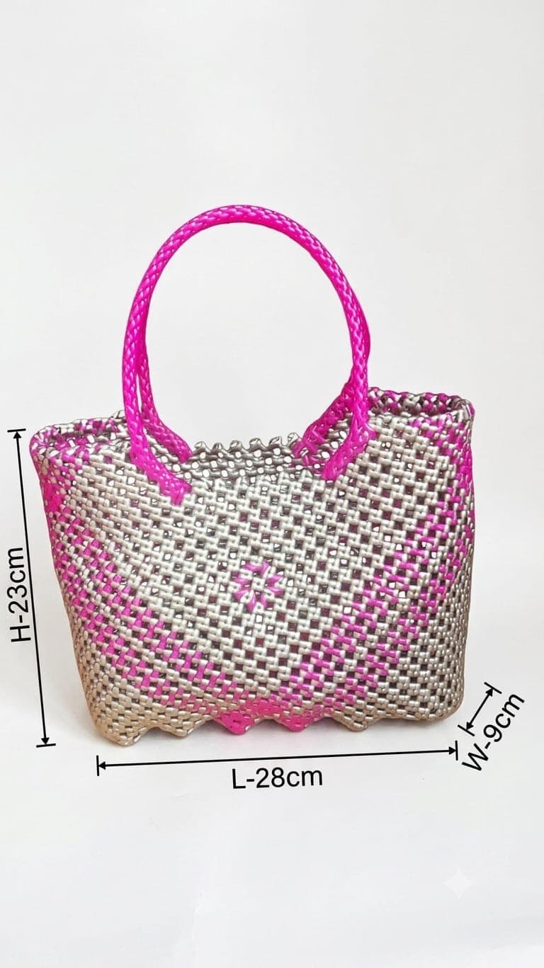 Deluxe Premium Handmade Wire Woven Bags | Traditional Plastic Wire Handbags | Reusable Shopping & Gift Bags | KMC Iyarkai Creation |Pink grey  vshape 3