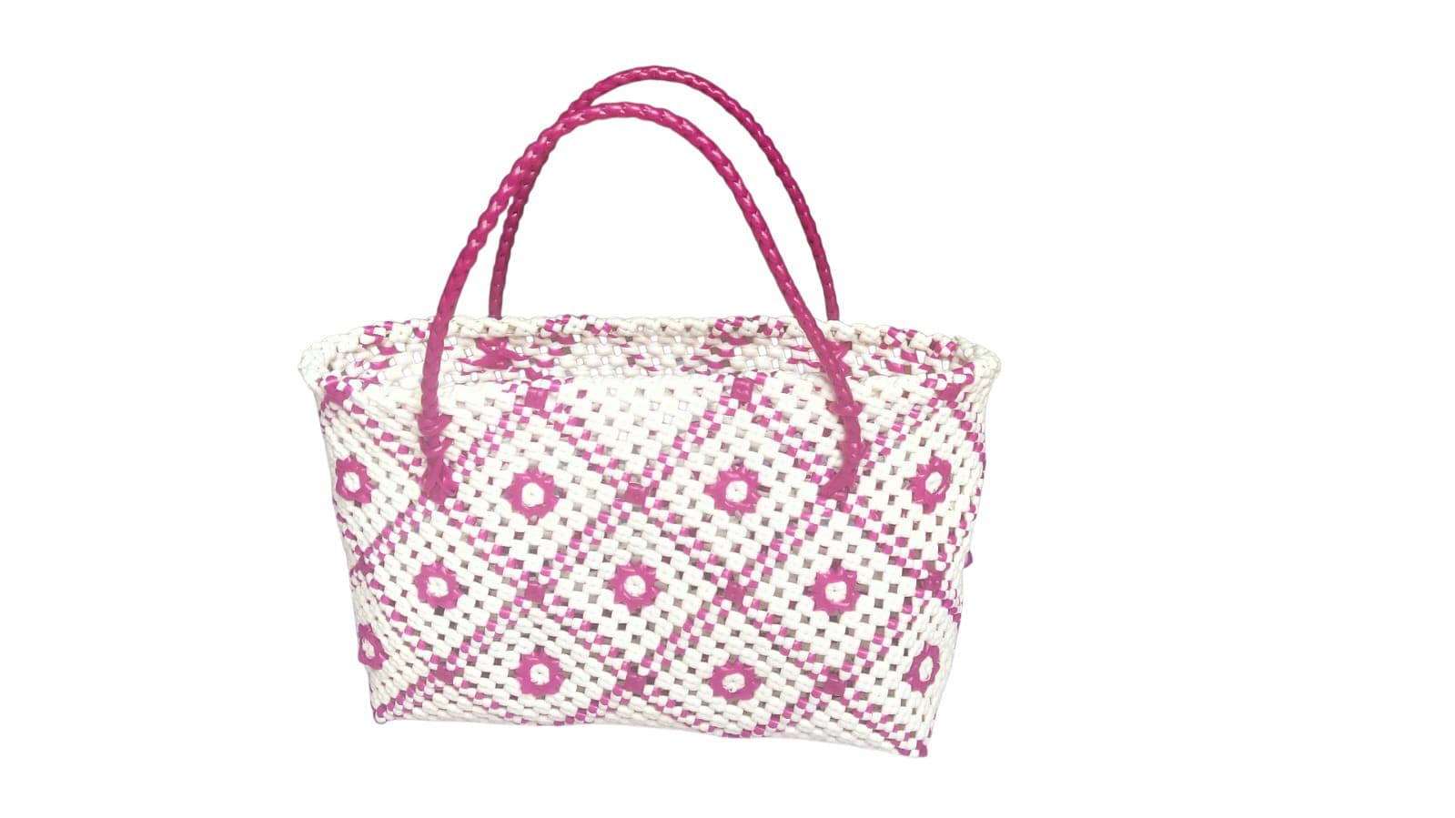 Deluxe Premium Handmade Wire Woven Bags | Traditional Plastic Wire Handbags | Reusable Shopping & Gift Bags | KMC Iyarkai Creation |Pink white checked 2