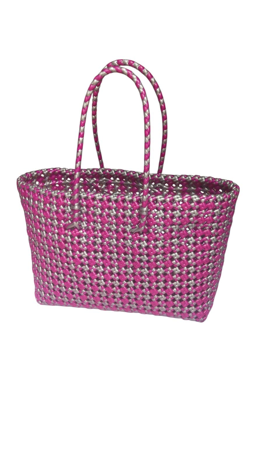 Deluxe Premium Handmade Wire Woven Bags | Traditional Plastic Wire Handbags | Reusable Shopping & Gift Bags | KMC Iyarkai Creation |Pinkgrey checked 2