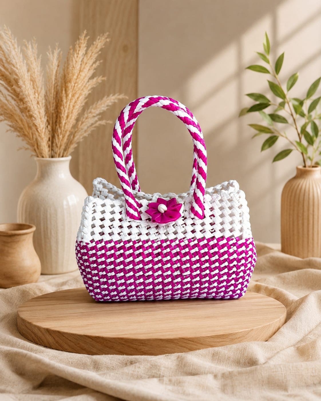 Deluxe Premium Handmade Wire Woven Bags | Traditional Plastic Wire Handbags | Reusable Shopping & Gift Bags | KMC Iyarkai Creation |Pink_white_small_normal