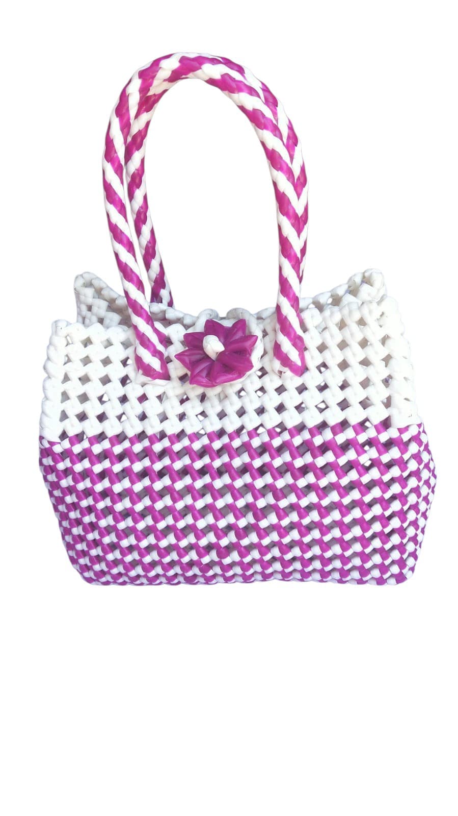 Deluxe Premium Handmade Wire Woven Bags | Traditional Plastic Wire Handbags | Reusable Shopping & Gift Bags | KMC Iyarkai Creation |Pink_white_small_normal 2