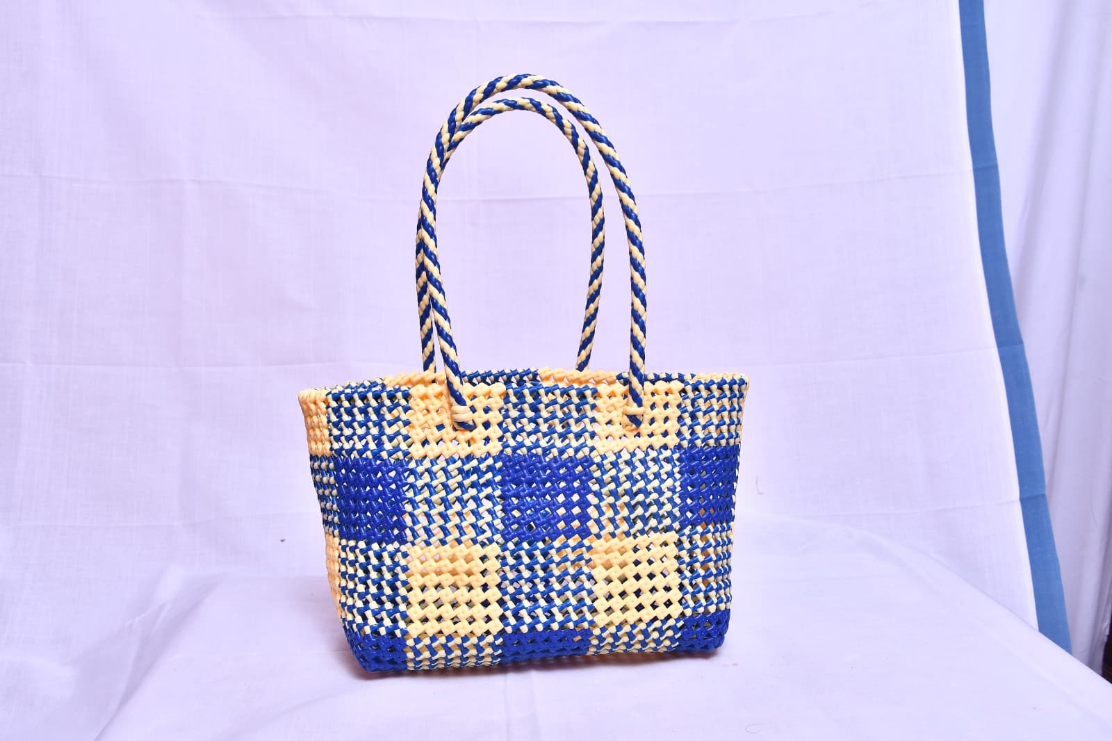 Deluxe Premium Handmade Wire Woven Bags | Traditional Plastic Wire Handbags | Reusable Shopping & Gift Bags | KMC Iyarkai Creation |Sandal Blue_Normal 2