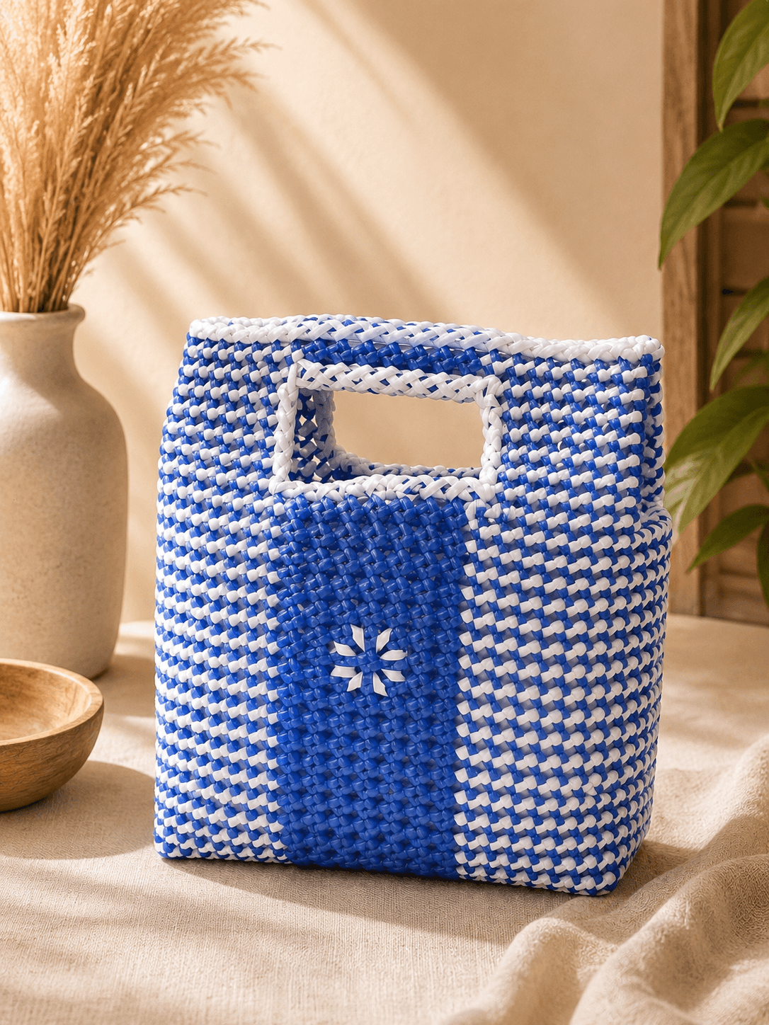Deluxe Premium Handmade Wire Woven Bags | Traditional Plastic Wire Handbags | Reusable Shopping & Gift Bags | KMC Iyarkai Creation |Skyblue white big shopper