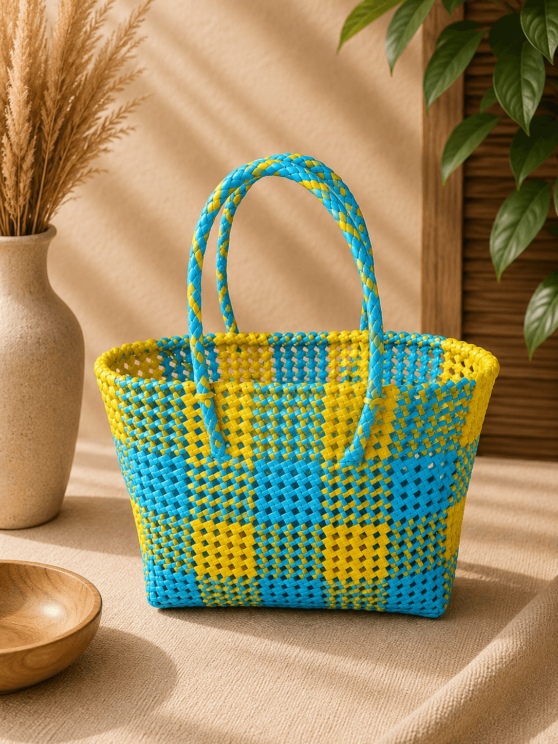 Deluxe Premium Handmade Wire Woven Bags | Traditional Plastic Wire Handbags | Reusable Shopping & Gift Bags | KMC Iyarkai Creation |Skyblue yellow_Normal