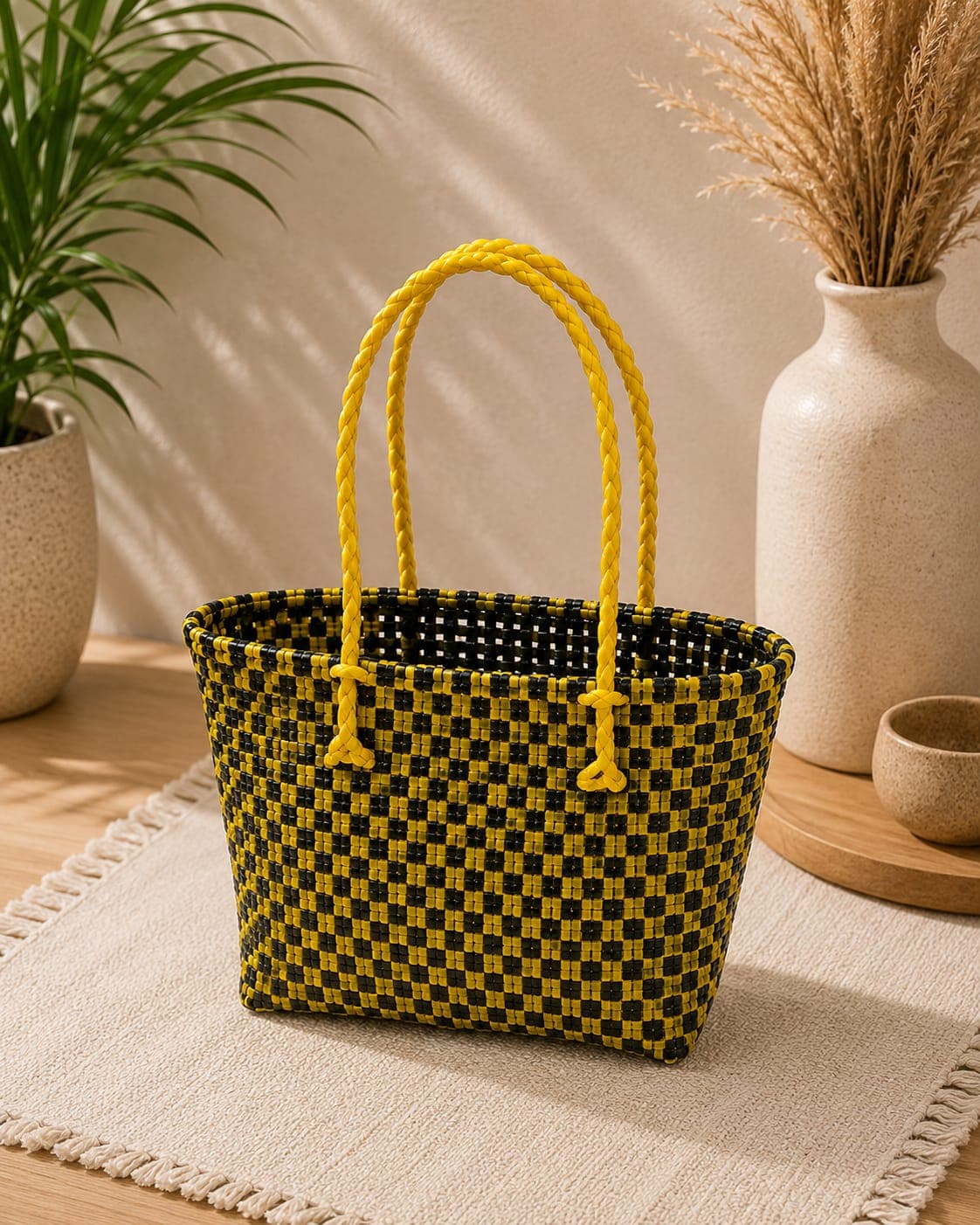 Deluxe Premium Handmade Wire Woven Bags | Traditional Plastic Wire Handbags | Reusable Shopping & Gift Bags | KMC Iyarkai Creation |Yellow black_SivanKan 1