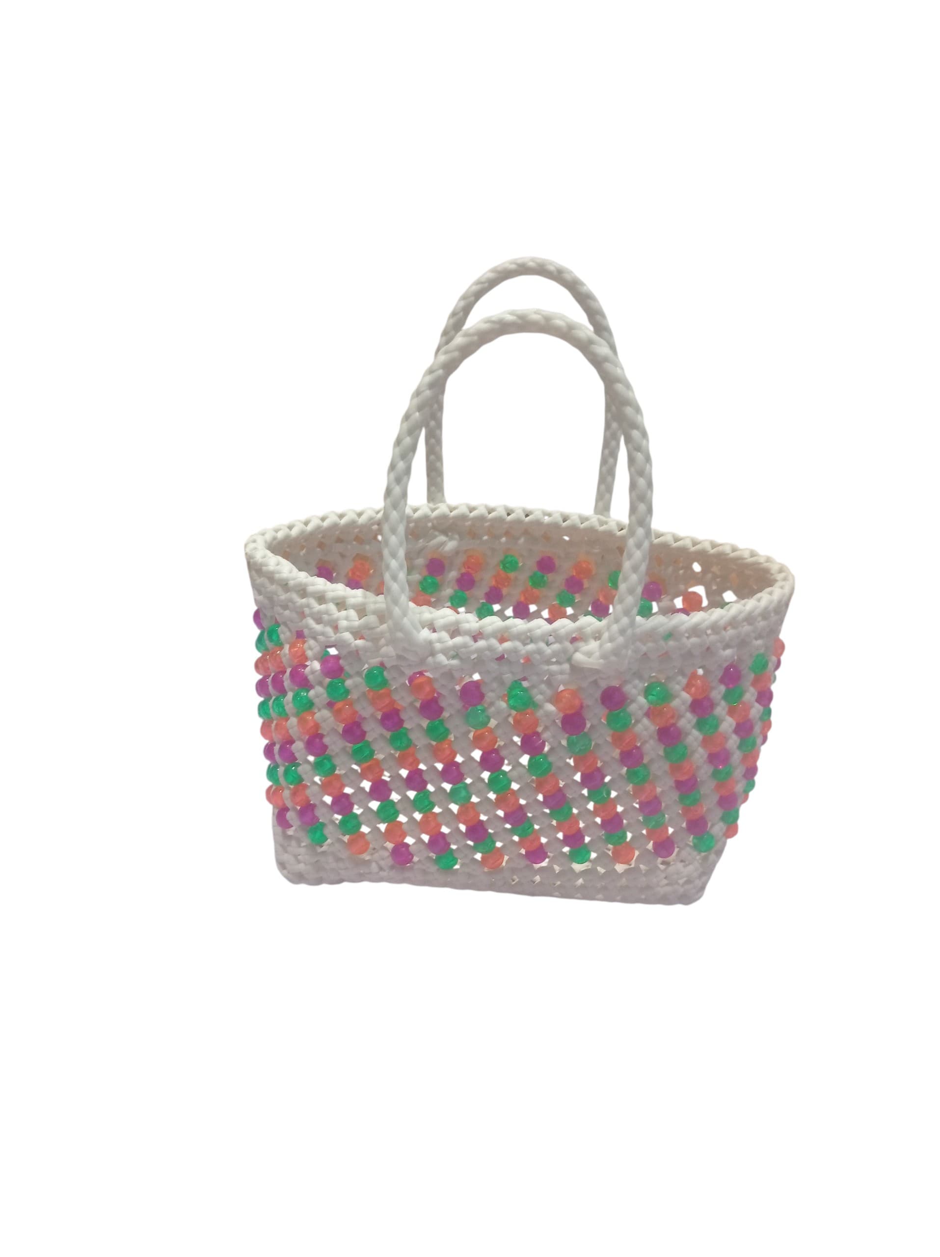 Deluxe Premium Handmade Wire Woven Bags | Traditional Plastic Wire Handbags | Reusable Shopping & Gift Bags | KMC Iyarkai Creation |White with multicolour beeds 2
