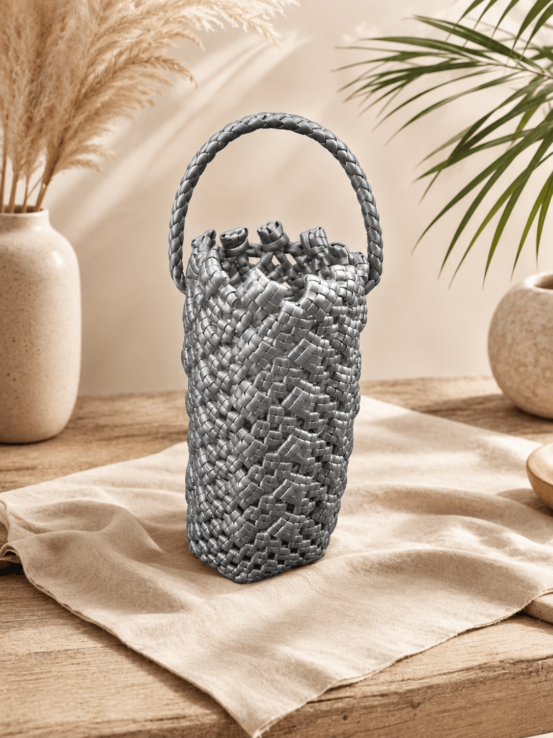 Deluxe Premium Handmade Wire Woven Bags | Traditional Plastic Wire Handbags | Reusable Shopping & Gift Bags | KMC Iyarkai Creation |Water_bottle_Ash