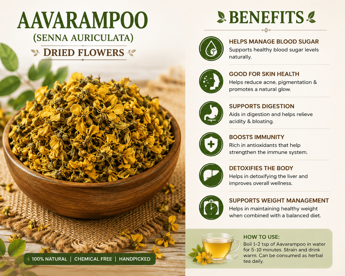 100% Pure Dried Aavarampoo Flowers (1kg) – Natural Senna Auriculata for Herbal Tea, Radiant Skin & Wellness 2