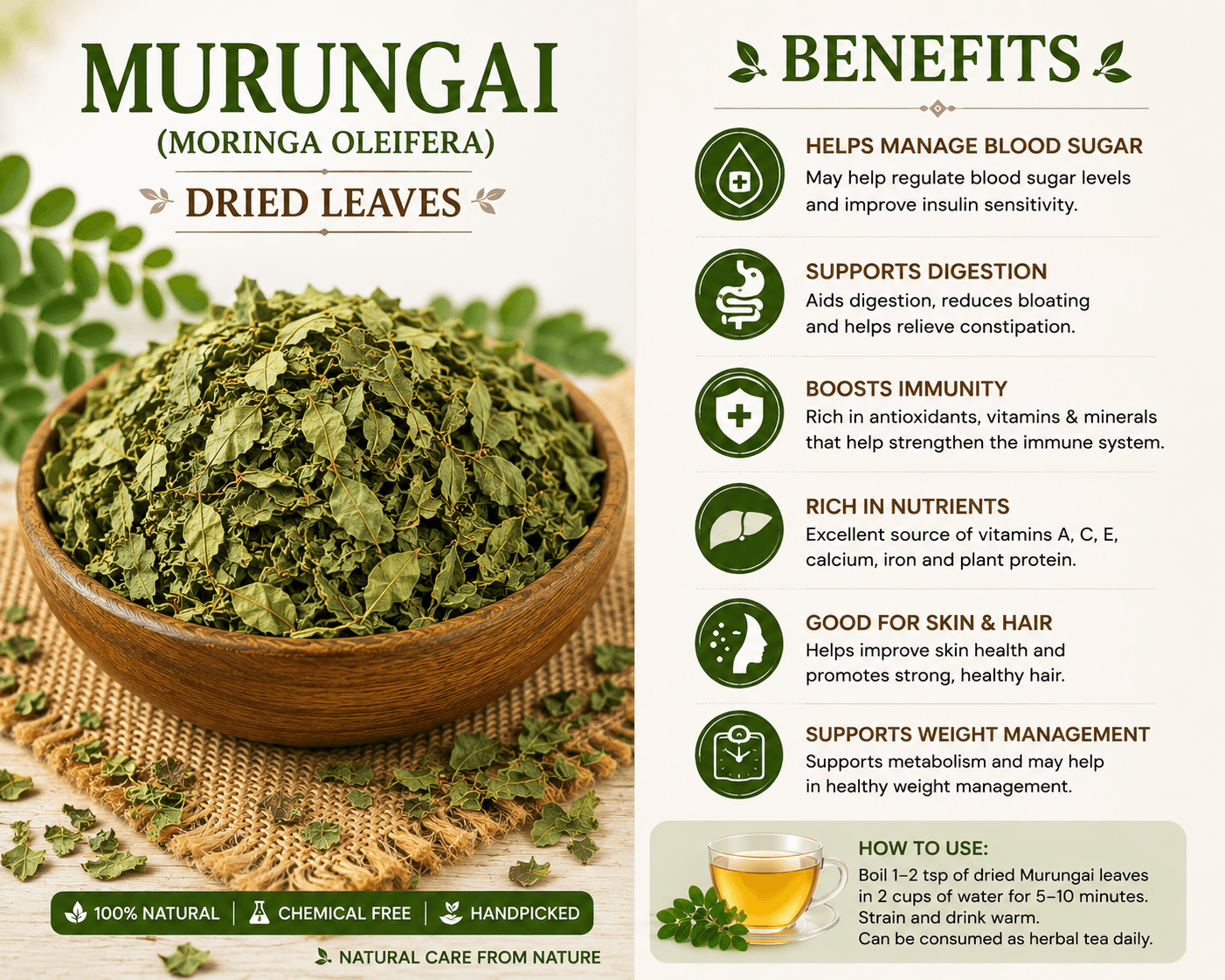 KMC Dried Murungai Leaves (Moringa Leaves) – 100% Natural & Sun-Dried | Rich in Nutrients | 1 Kg Pack 2