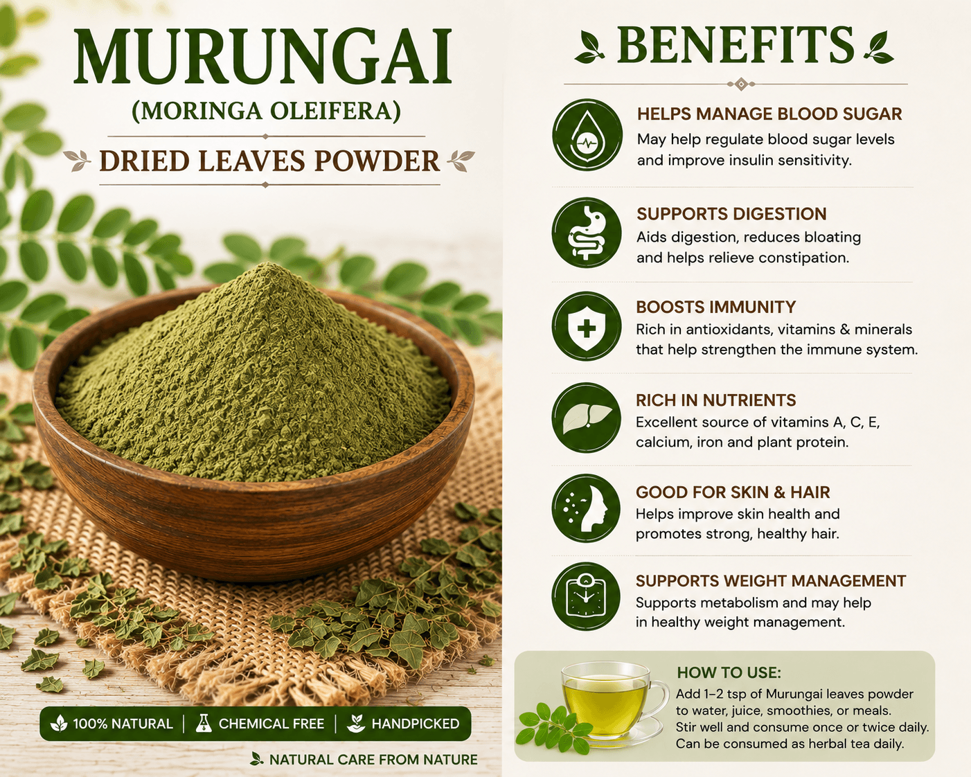 KMC Dried Murungai Leaves Powder (Moringa Leaf Powder) – 100% Natural & Sun-Dried | Nutrient-Rich | 1 Kg Pack 2